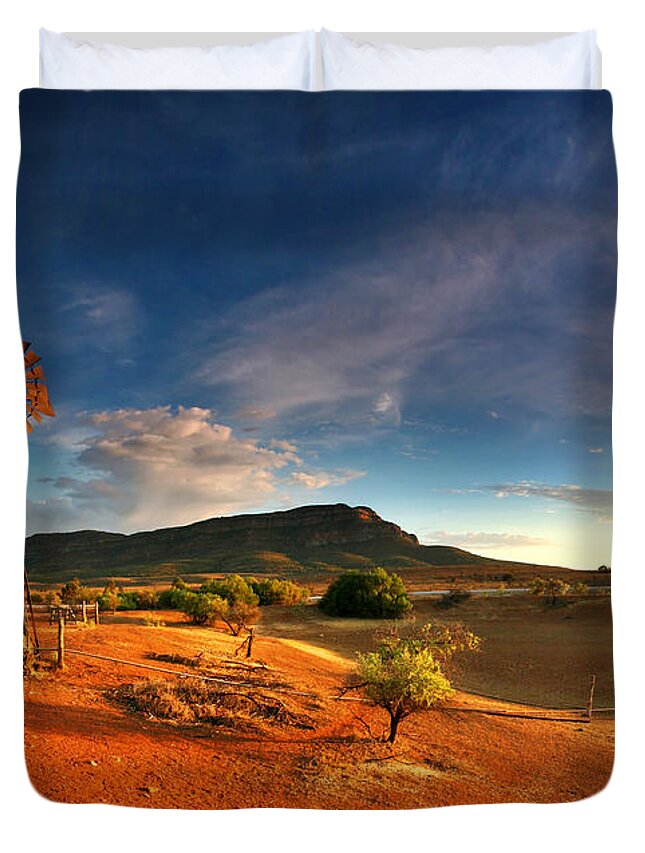 First Light Early Morning Windmill Dam Rawnsley Bluff Wilpena Pound Flinders Ranges South Australia Australian Landscape Landscapes Outback Red Earth Blue Sky Dry Arid Harsh Duvet Cover featuring the photograph First Light on Wilpena Pound by Bill Robinson