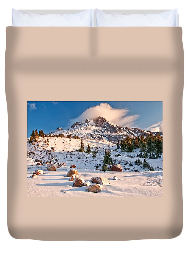 Mount Hood Duvet Cover featuring the photograph First Snow by Darren White