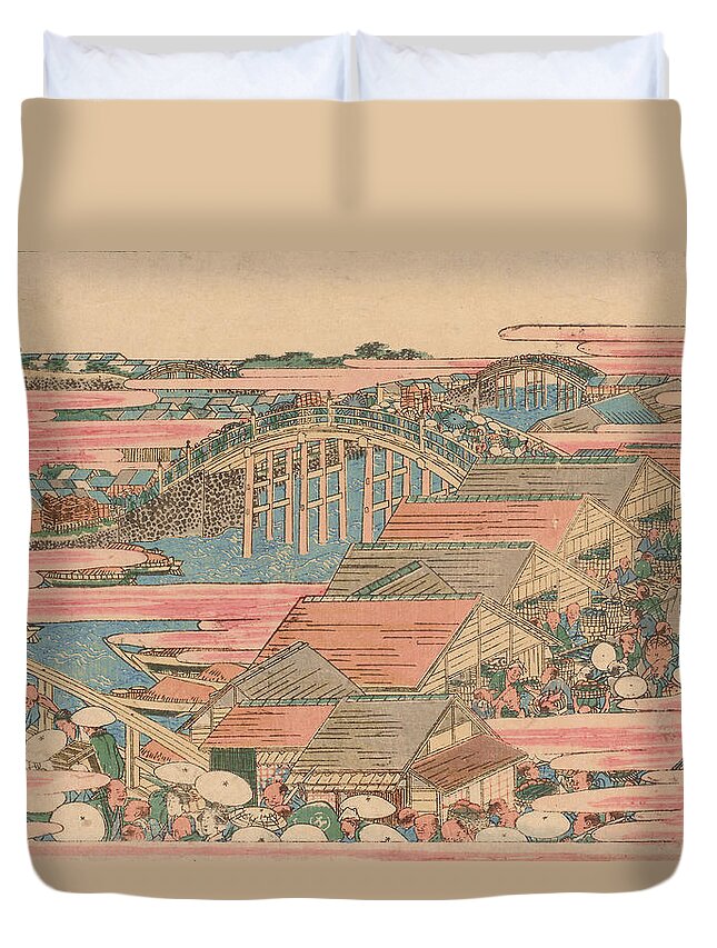 Orient Duvet Cover featuring the painting Fish Market by River in Edo at Nihonbashi Bridge by Hokusai