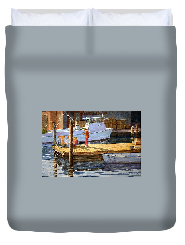 Boats Duvet Cover featuring the painting Fish Tales at Cortez by Roger Rockefeller