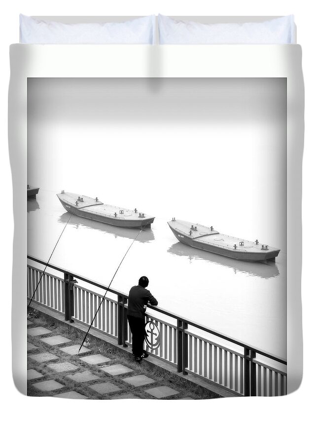 Man Duvet Cover featuring the photograph Fisherman Waiting by Valentino Visentini