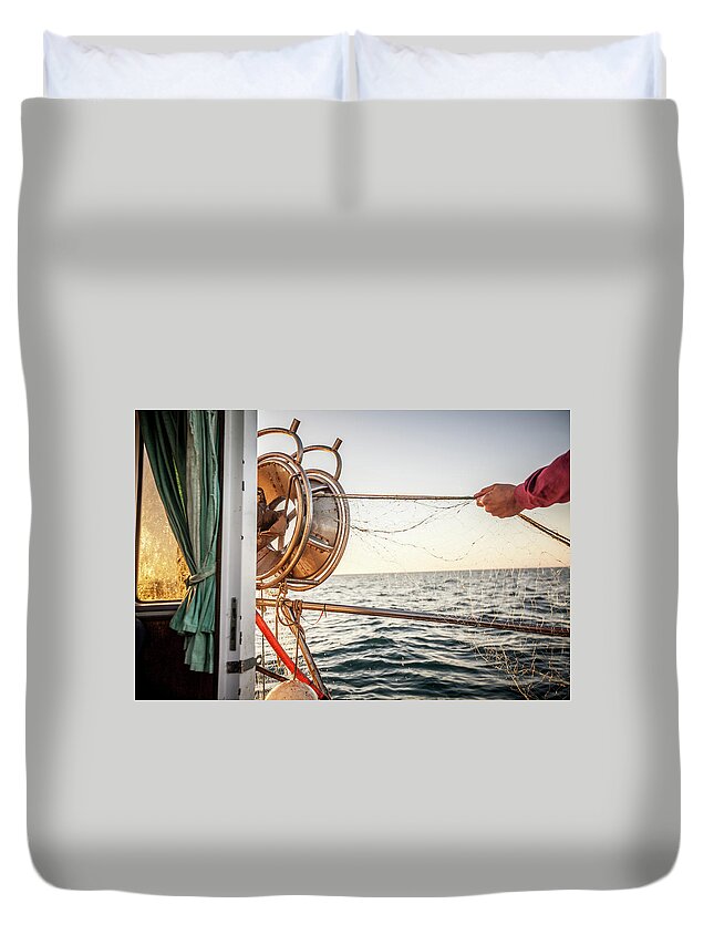 Working Duvet Cover featuring the photograph Fishermen At Work, Pulling The Nets by Piola666