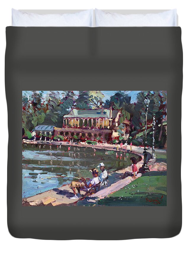 Fishing Duvet Cover featuring the painting Fishing at Delaware Lake Buffalo by Ylli Haruni
