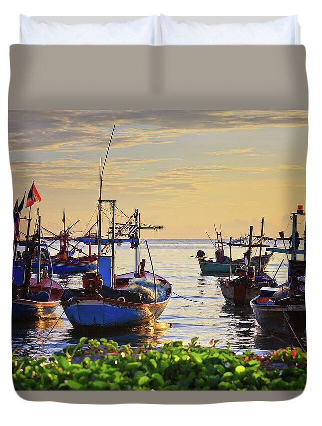 Tranquility Duvet Cover featuring the photograph Fishing Boats At Huahin Beach by Monthon Wa