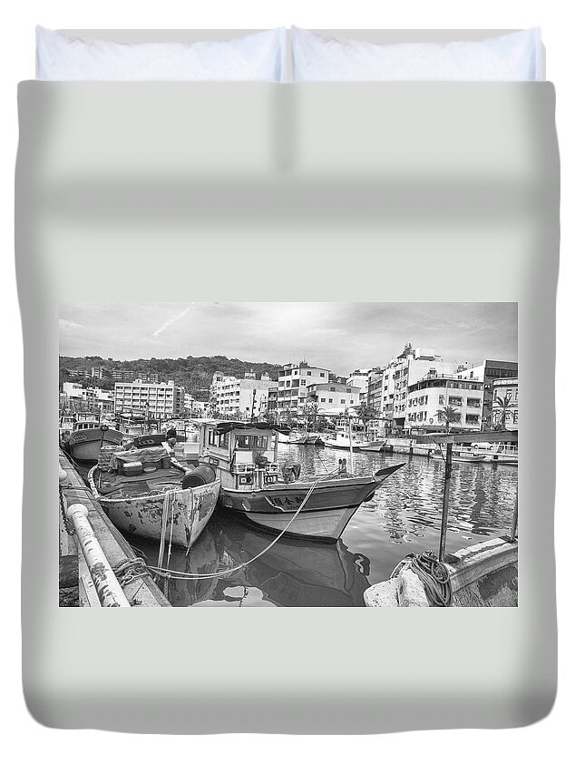 Kaohsiung Duvet Cover featuring the photograph Fishing Boats B W by Bill Hamilton