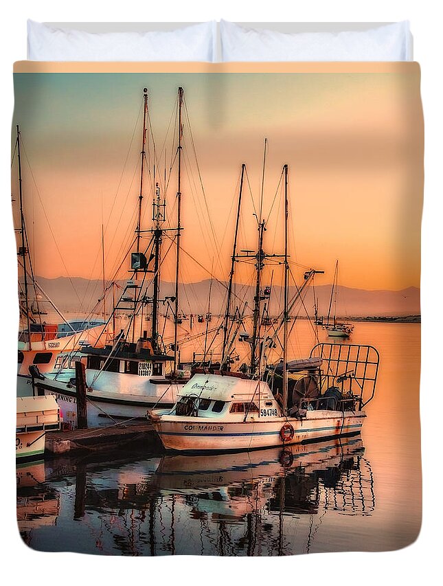 Fishing Fleet Sunset Boat Reflection At Morrow Bay Wharf California Duvet Cover featuring the photograph Fishing Fleet Sunset Boat Reflection at Fishermans Wharf Morro Bay California by Jerry Cowart
