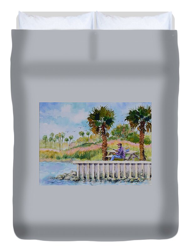 River Duvet Cover featuring the painting Fishing on the Peir by Jyotika Shroff