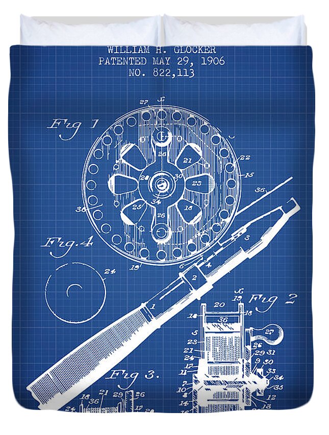 Fishing Reel Duvet Cover featuring the digital art Fishing Reel Patent from 1906 - Blueprint by Aged Pixel