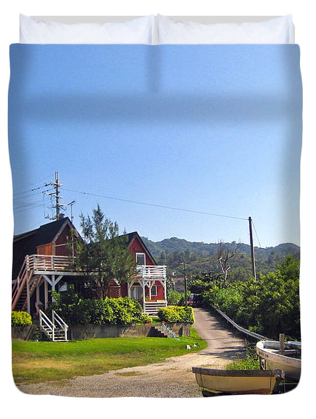 #fishingvillage #okinawa #japan #nihon #streetart #zazzle #photog #togs #fineart #deals Duvet Cover featuring the photograph Fishing Village 340 by Steve Lipson