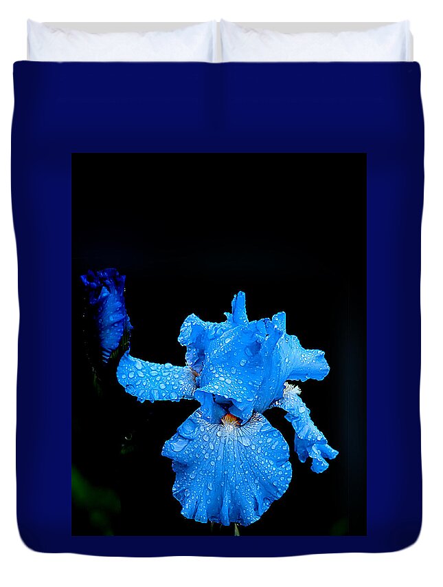 Blue Iris Flag Duvet Cover featuring the photograph Flag BLUE IRIS in rain by Randall Branham