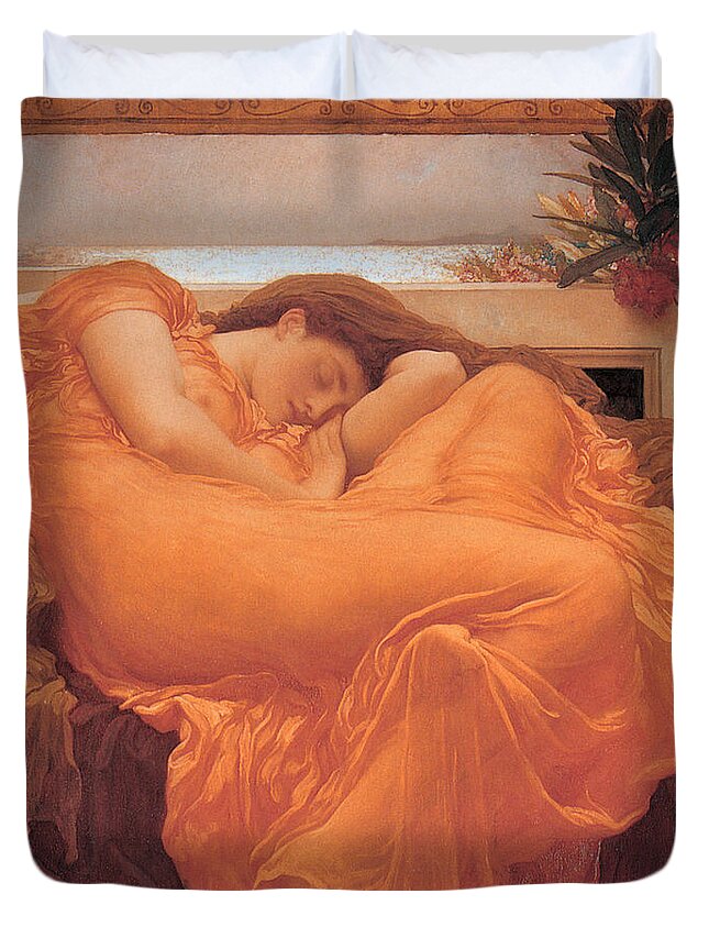 Flaming June Duvet Cover featuring the painting Flaming June by Frederick Leighton