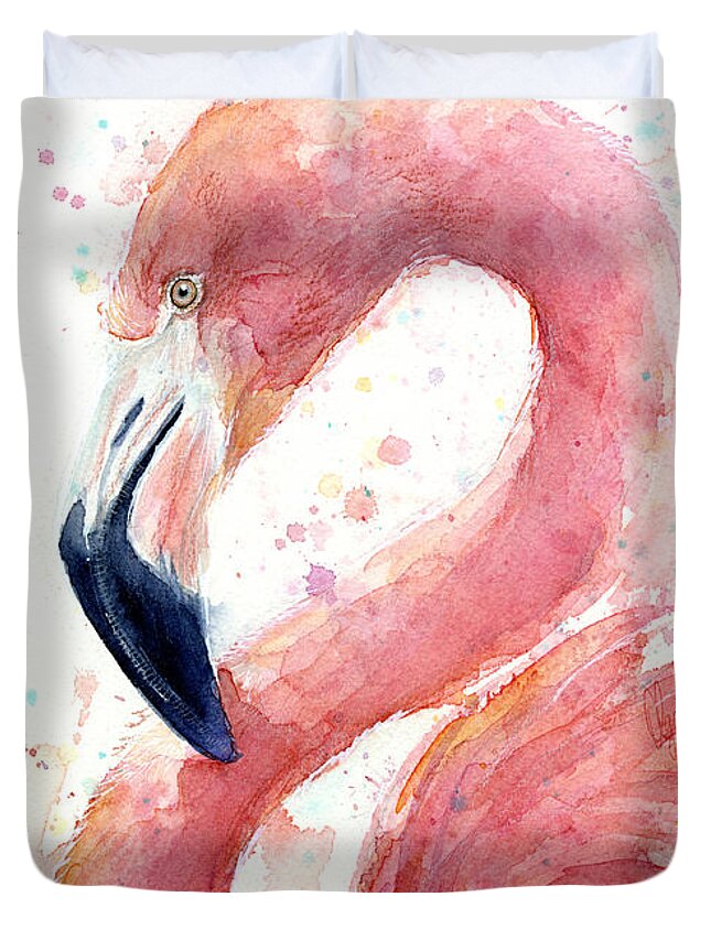 Flamingo Duvet Cover featuring the painting Flamingo Watercolor Painting by Olga Shvartsur
