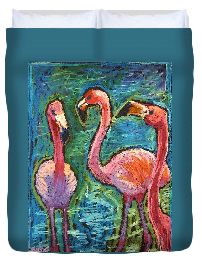 Pink Flamingoes Duvet Cover featuring the painting Flamingoes Wading by Ande Hall