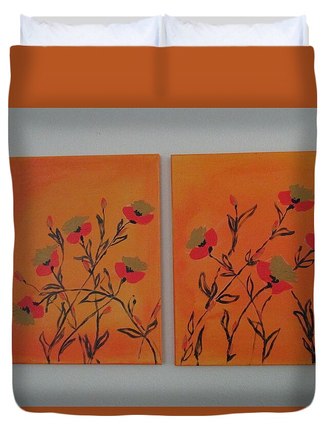 Poppies Flanders France French Wildflowers Fields Lively Uplifting Orangegold Yellow Ochre Black Abstract Duvet Cover featuring the painting Flanders Poppies by Sharyn Winters