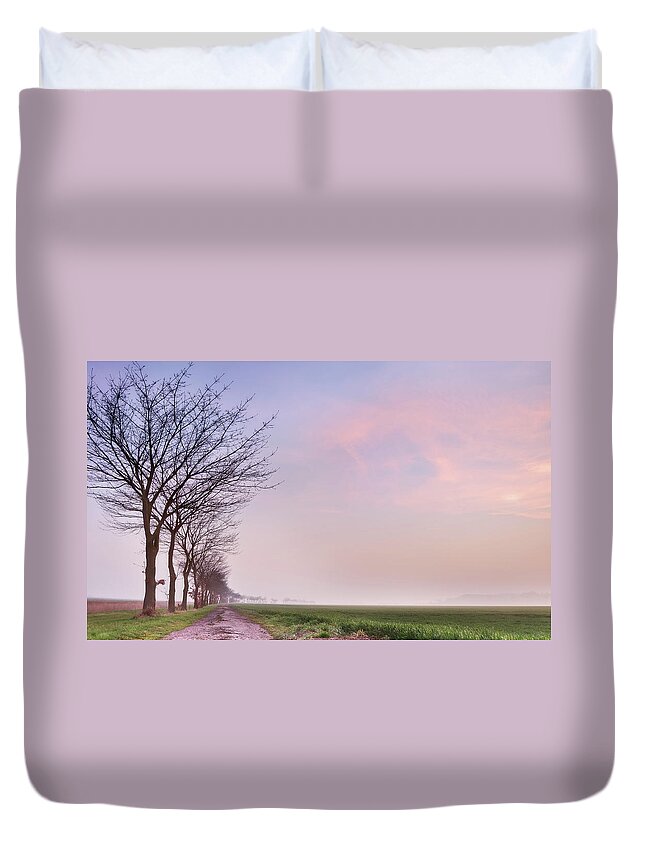 In A Row Duvet Cover featuring the photograph Flat Landscape Sunset by Simonmasters