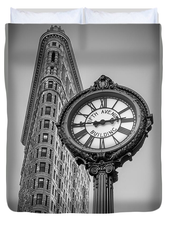5th Ave. Duvet Cover featuring the photograph Flatiron and Clock Black and White by Jerry Fornarotto