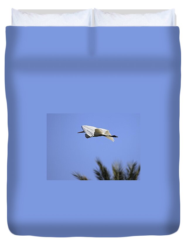 Great White Egret Duvet Cover featuring the photograph Flight of the Egret by Penny Meyers