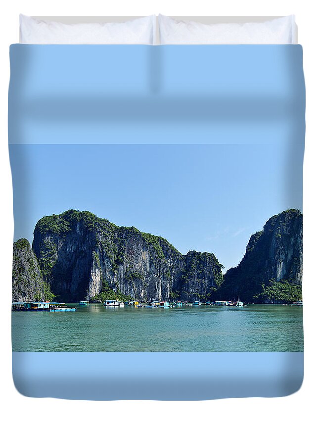 Floating Village Duvet Cover featuring the photograph Floating Village Ha Long Bay by Scott Carruthers