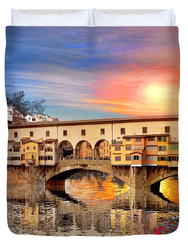 Florence Bridge Duvet Cover featuring the digital art Florence Bridge by MGL Meiklejohn Graphics Licensing