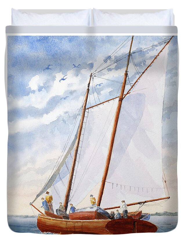 Boat Duvet Cover featuring the painting Florida Catboat at Sea by Roger Rockefeller