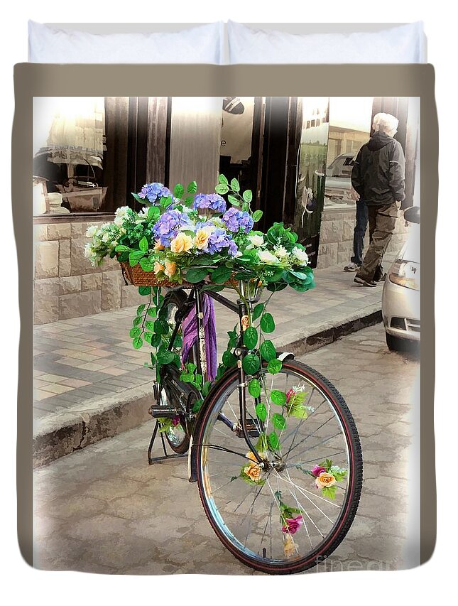 Julia Springer Duvet Cover featuring the photograph Flower Power meets Pedal Power by Julia Springer