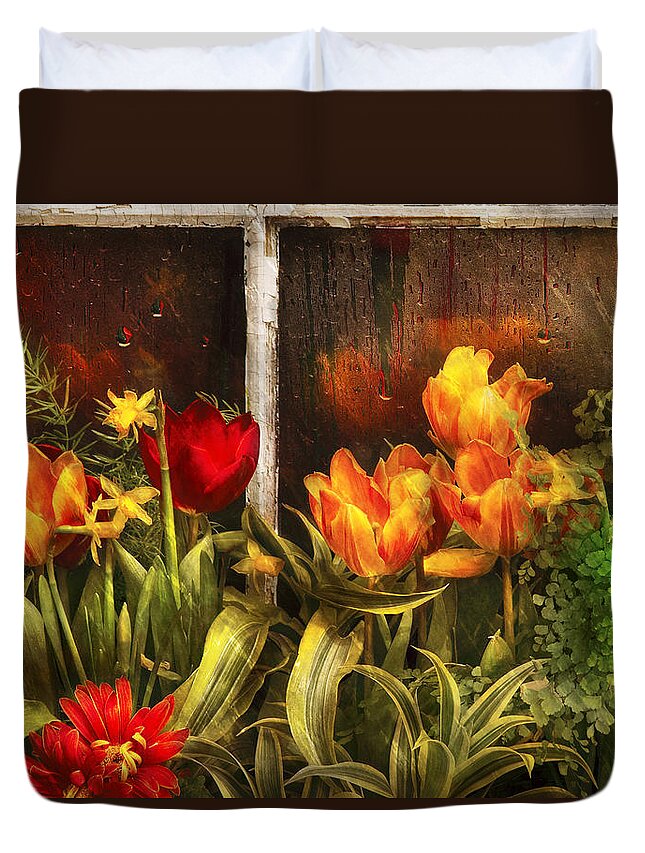 Savad Duvet Cover featuring the photograph Flower - Tulip - Tulips in a window by Mike Savad