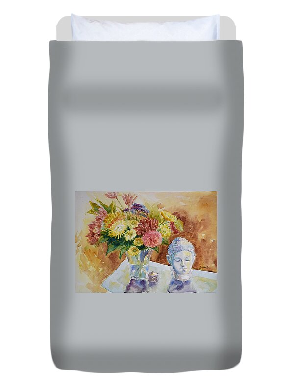Still Life Duvet Cover featuring the painting Flower Vase with Buddha by Jyotika Shroff