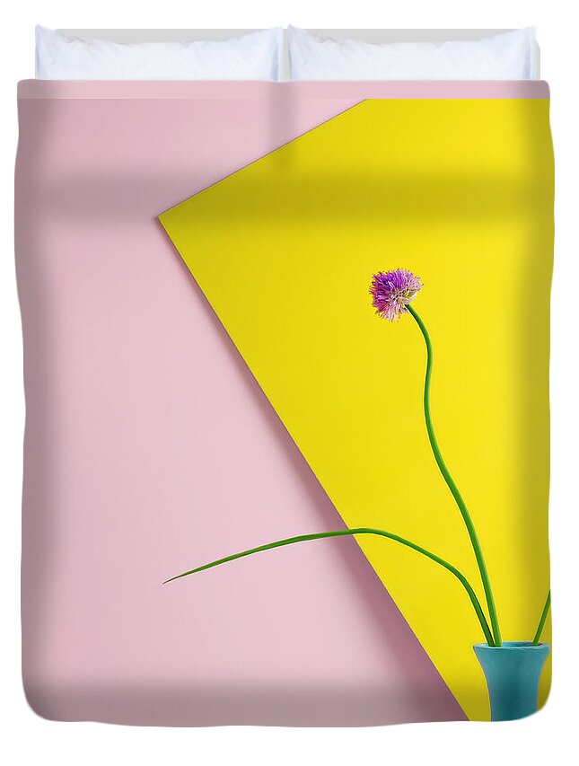 Vase Duvet Cover featuring the photograph Flowering Chive Blossom by Juj Winn