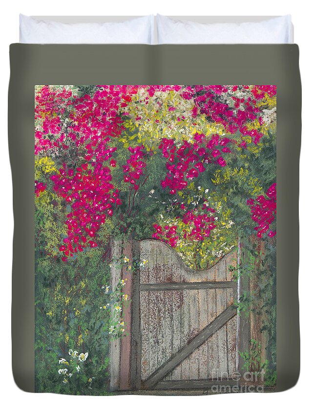 Flowering Vine Duvet Cover featuring the painting Flowering Gateway by Ginny Neece