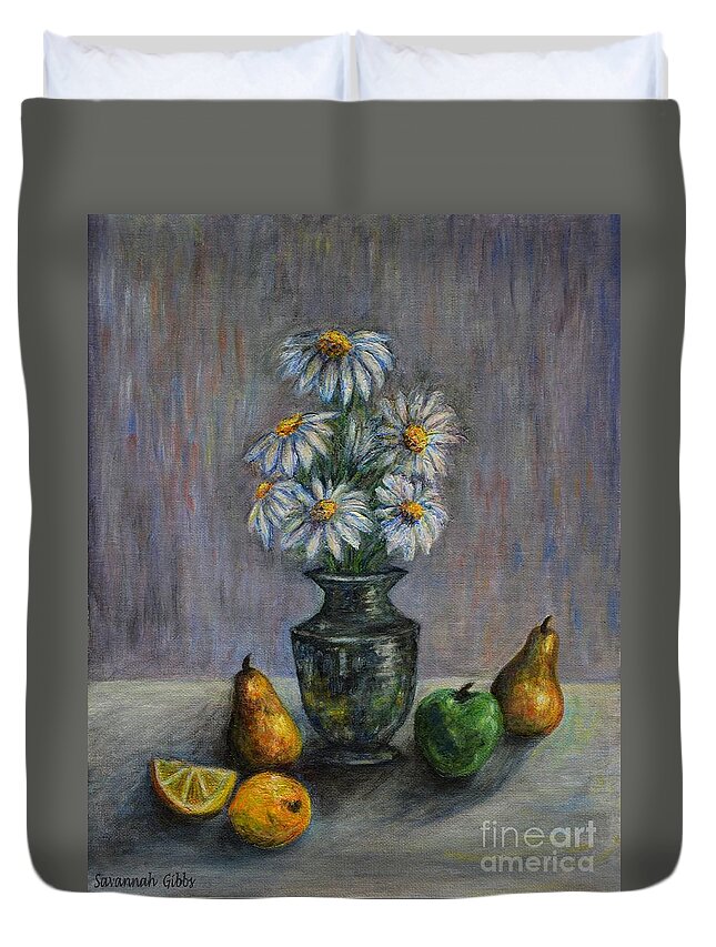 Flowers And Fruit Acrylic Duvet Cover featuring the painting Flowers and Fruit by Savannah Gibbs