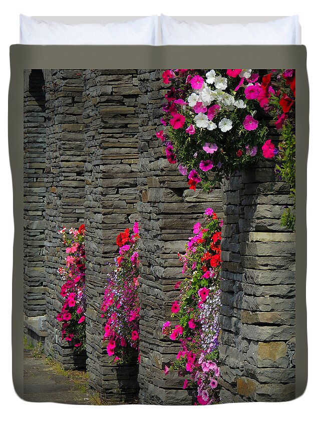 Flowers Duvet Cover featuring the photograph Flowers at Liscannor Rock Shop by James Truett