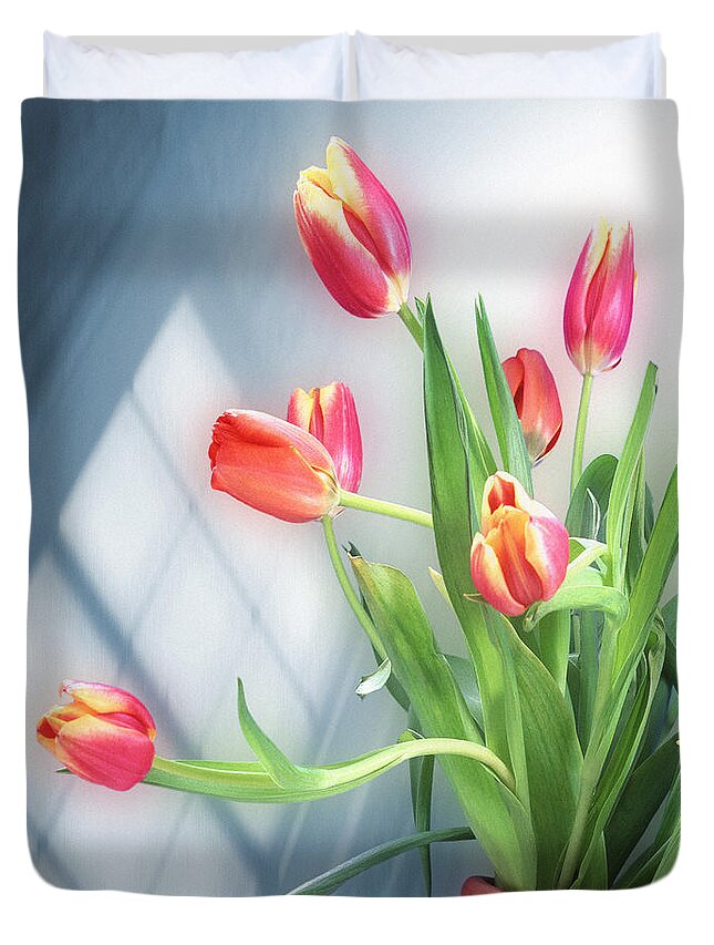 Red Duvet Cover featuring the photograph Flowers by my Window by Edmund Nagele FRPS