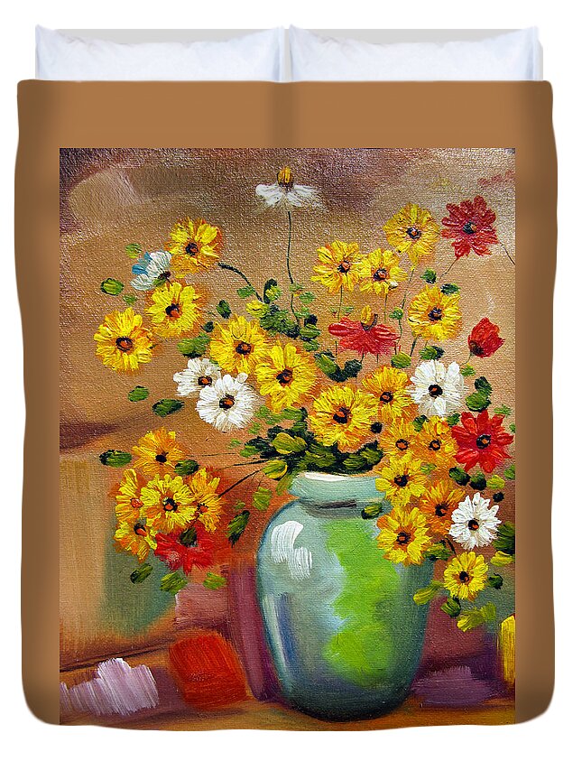 Flowers Art Still Life Oil Painting Print Canvas Duvet Cover featuring the painting Flowers - Still life by Daliana Pacuraru