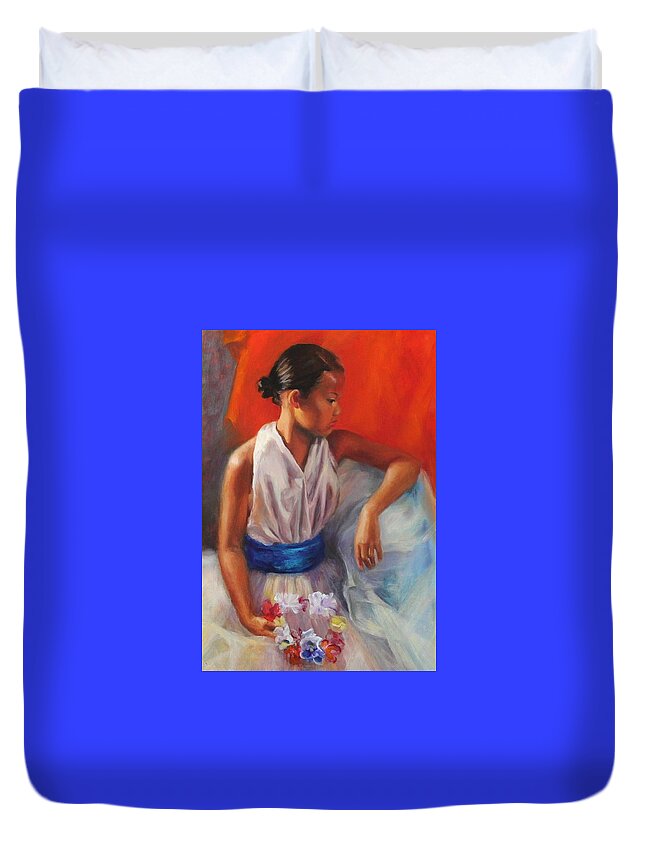 Portrait Duvet Cover featuring the painting Flowery Tiara by Marian Berg