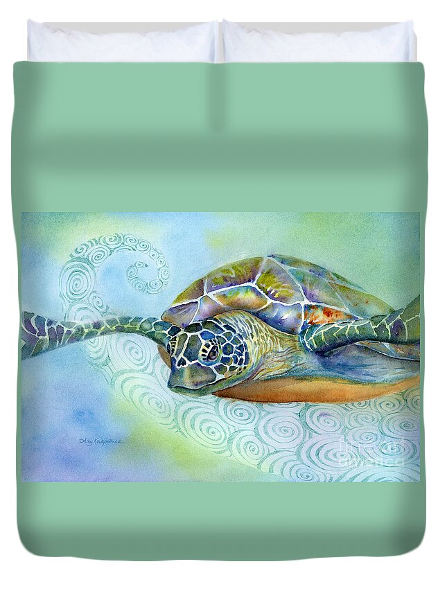 Seaturtle Duvet Cover featuring the painting Fly By by Amy Kirkpatrick
