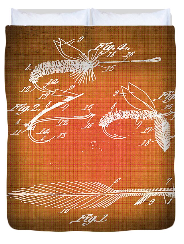 Artificial Fishing Bait Duvet Cover featuring the mixed media Fly Fishing Bait Patent Blueprint Drawing Sepia by Tony Rubino