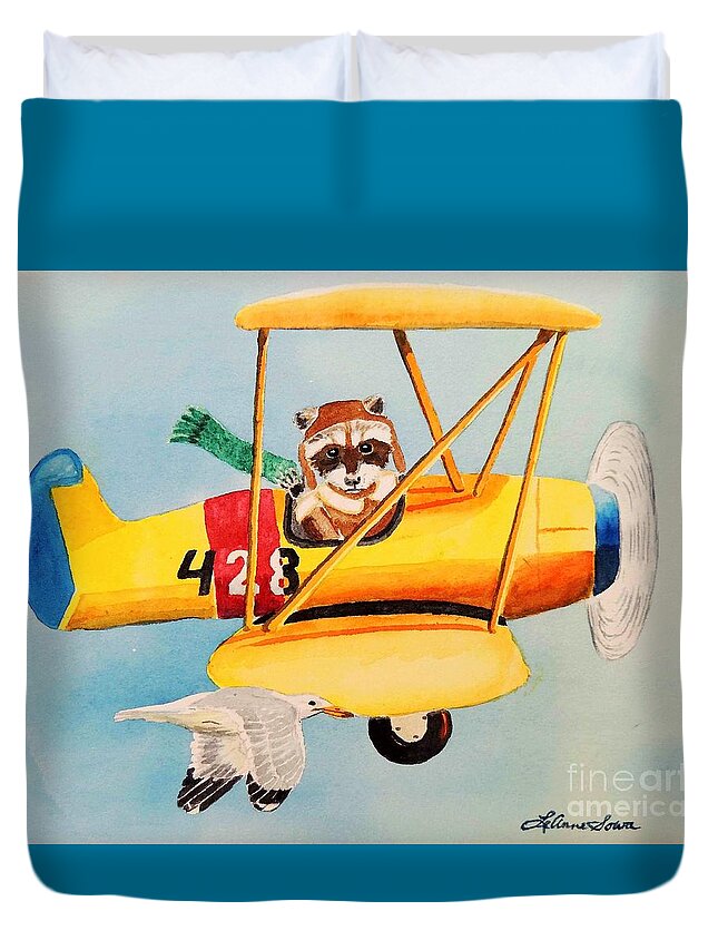 Biplane Duvet Cover featuring the painting Flying Friends by LeAnne Sowa