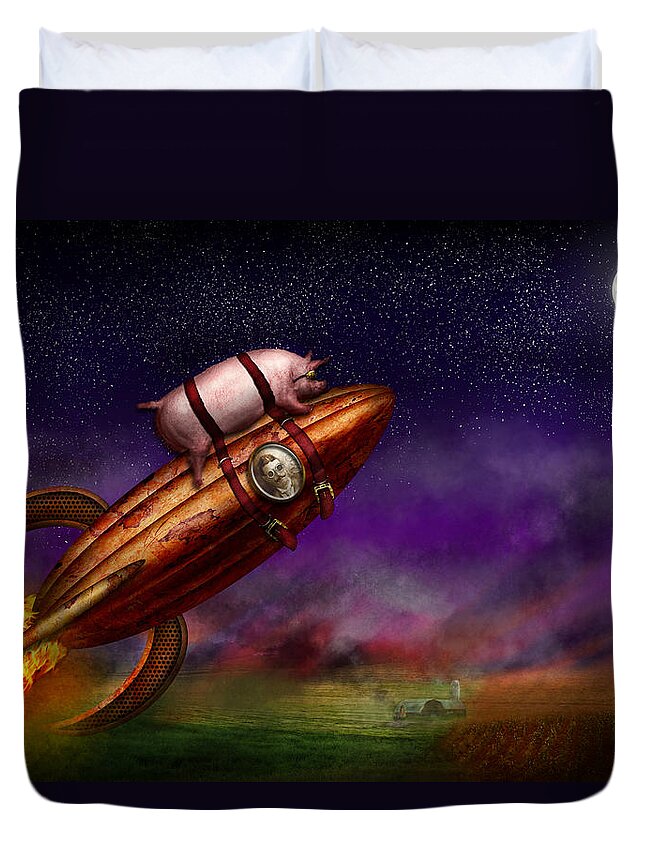 Pig Duvet Cover featuring the photograph Flying Pig - Rocket - To the moon or bust by Mike Savad