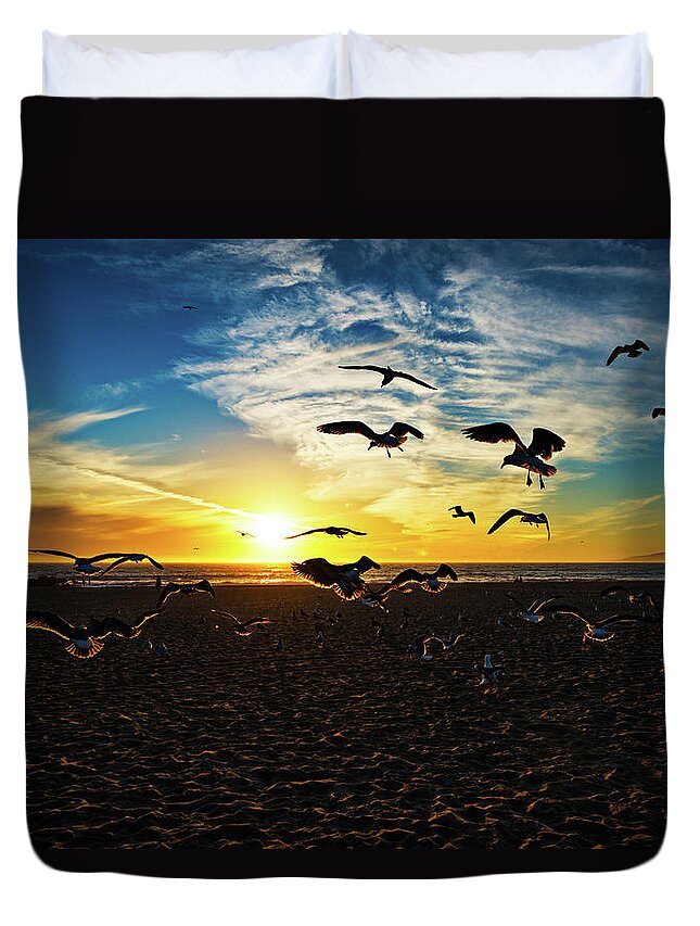 Shadow Duvet Cover featuring the photograph Flying Seagulls by Extreme-photographer