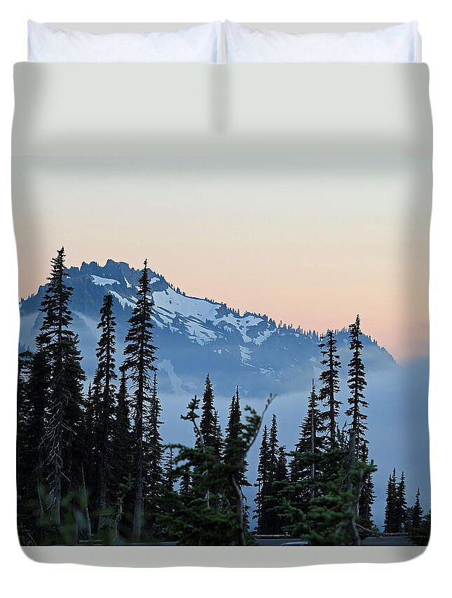 Sunset Duvet Cover featuring the photograph Mt. Rainier's Foggy Sunset by E Faithe Lester