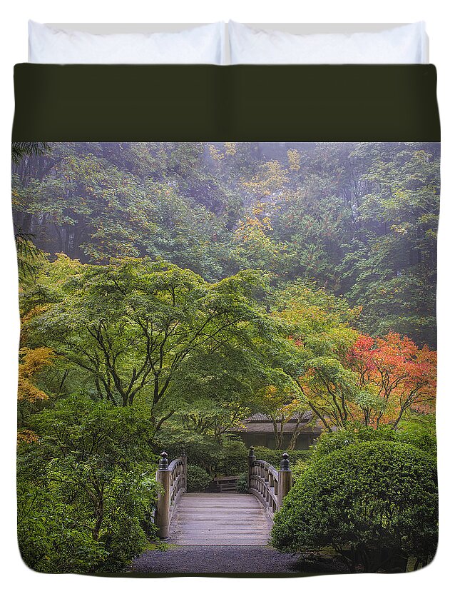Japanese Duvet Cover featuring the photograph Foggy Morning in Japanese Garden by David Gn
