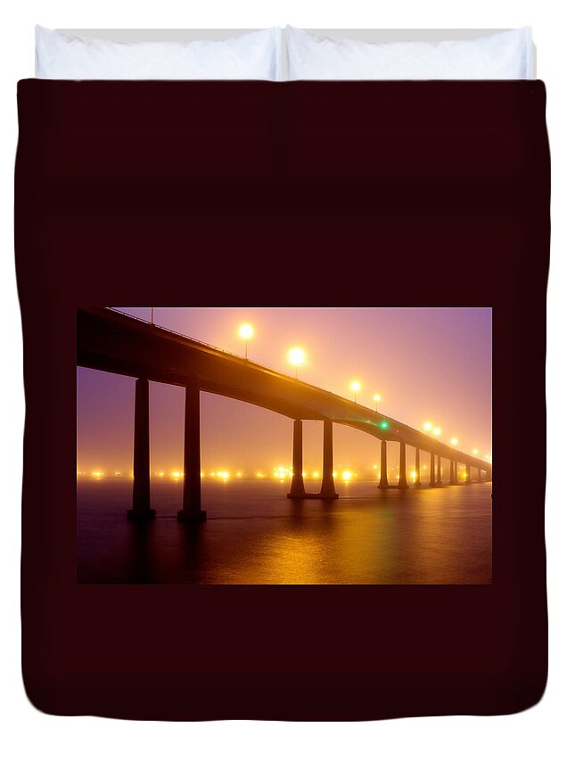 Fog Duvet Cover featuring the photograph Foggy Navy Bridge by Jennifer Casey