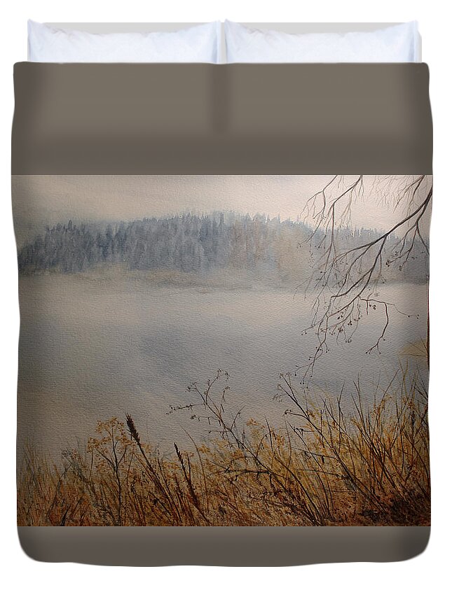 Foggy Duvet Cover featuring the painting Foggy River by Carol Oberg Riley