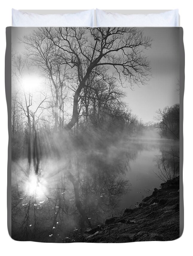 Fog Duvet Cover featuring the photograph Foggy River Morning Sunrise by Jennifer White