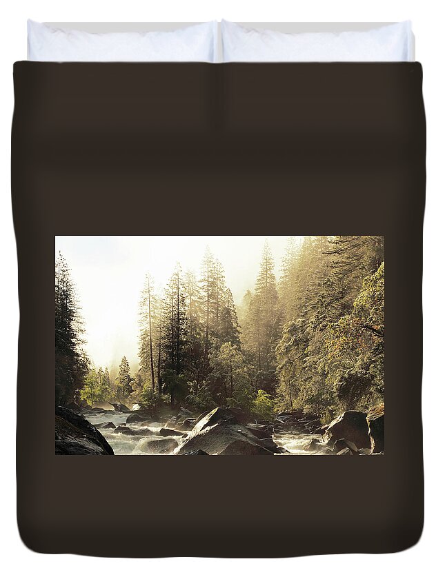 Scenics Duvet Cover featuring the photograph Foggy Sky Over Spring Creek In Yosemite by Arturbo