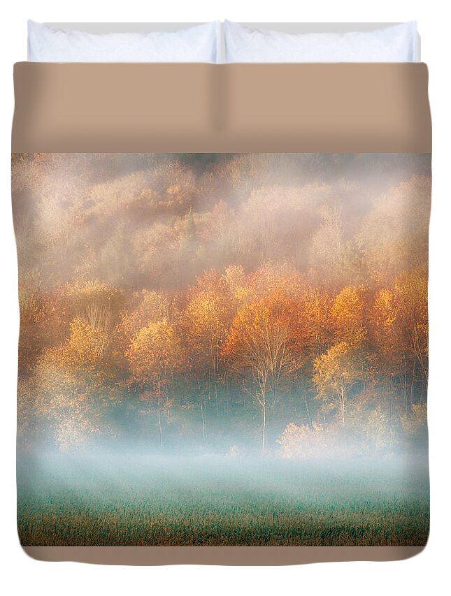 Autumn Foliage New England Duvet Cover featuring the photograph Foggy Vermont fall foliage by Jeff Folger