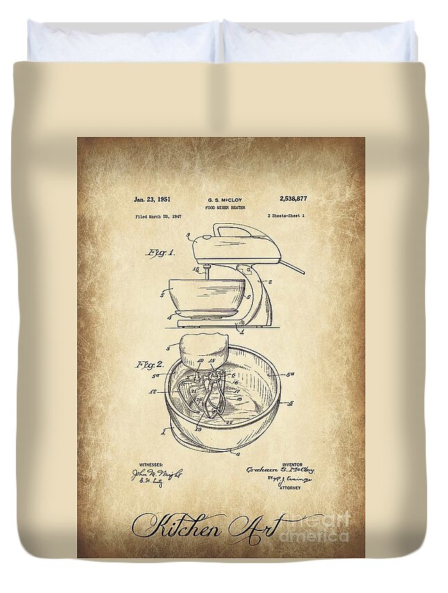 Food Duvet Cover featuring the photograph Food Mixer Patent Kitchen Art by Clare Bevan
