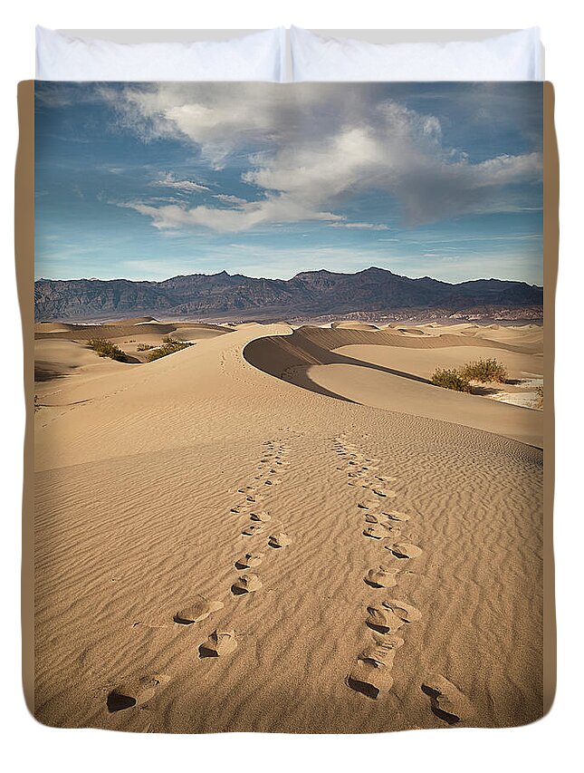 Scenics Duvet Cover featuring the photograph Footprints On Mesquite Dunes, Death by Alice Cahill