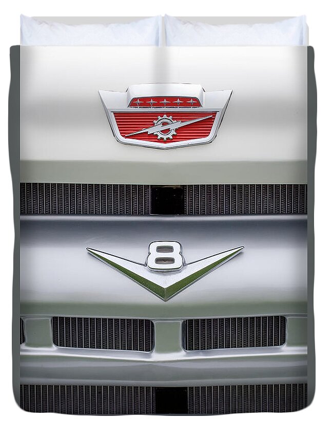 Ford Grille V8 Custom Cab Emblem Duvet Cover featuring the photograph Ford Grille V8 Custom Cab Emblem by Jill Reger