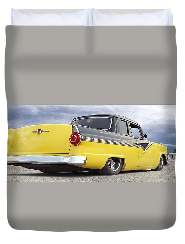 1955 Ford Duvet Cover featuring the photograph Ford Lowrider at Roys by Mike McGlothlen